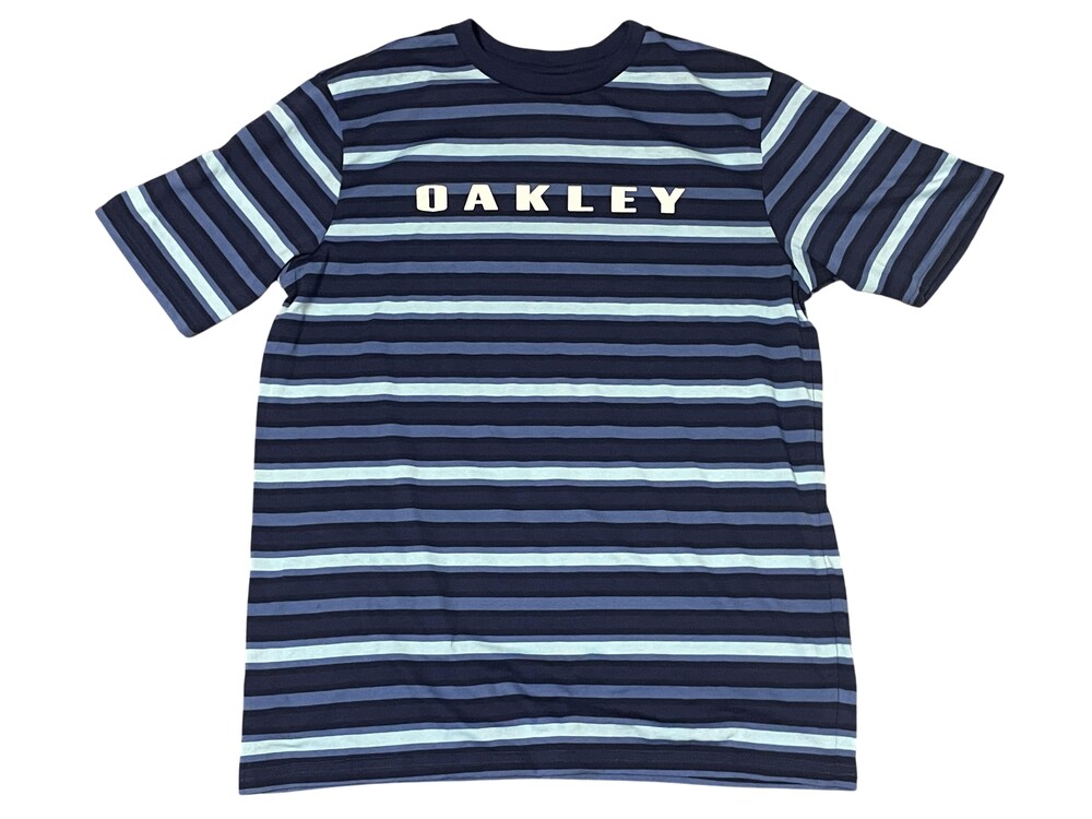 Oakley Shirt Mens Large Navy Blue Striped Custom Fit Short Sleeve Crewneck Logo